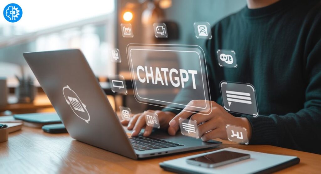 Person designing a modern presentation using AI tools like ChatGPT on a laptop