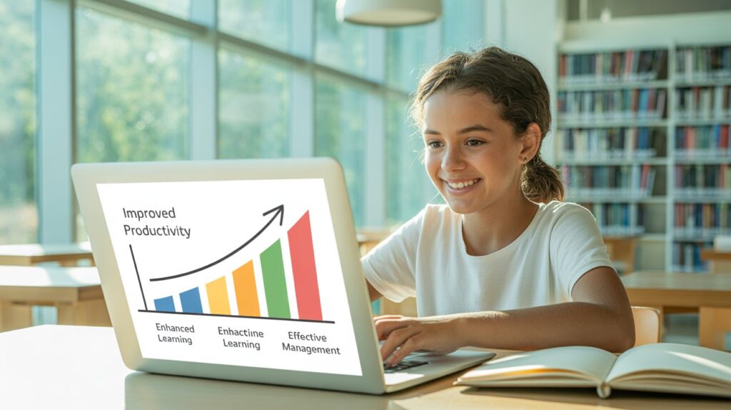 Student using AI tools with visual stats showing benefits like productivity and learning boost.