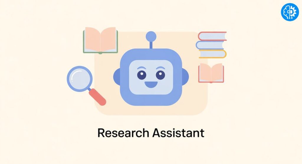 Minimal illustration of ChatGPT and research tools like books and magnifying glass