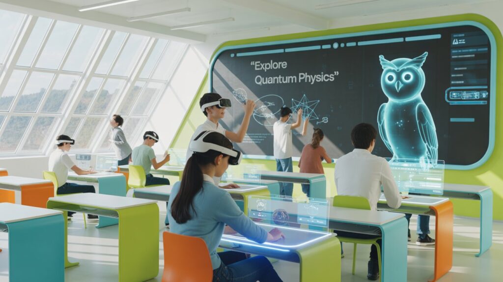Future classroom showing students using cutting-edge AI education tools.