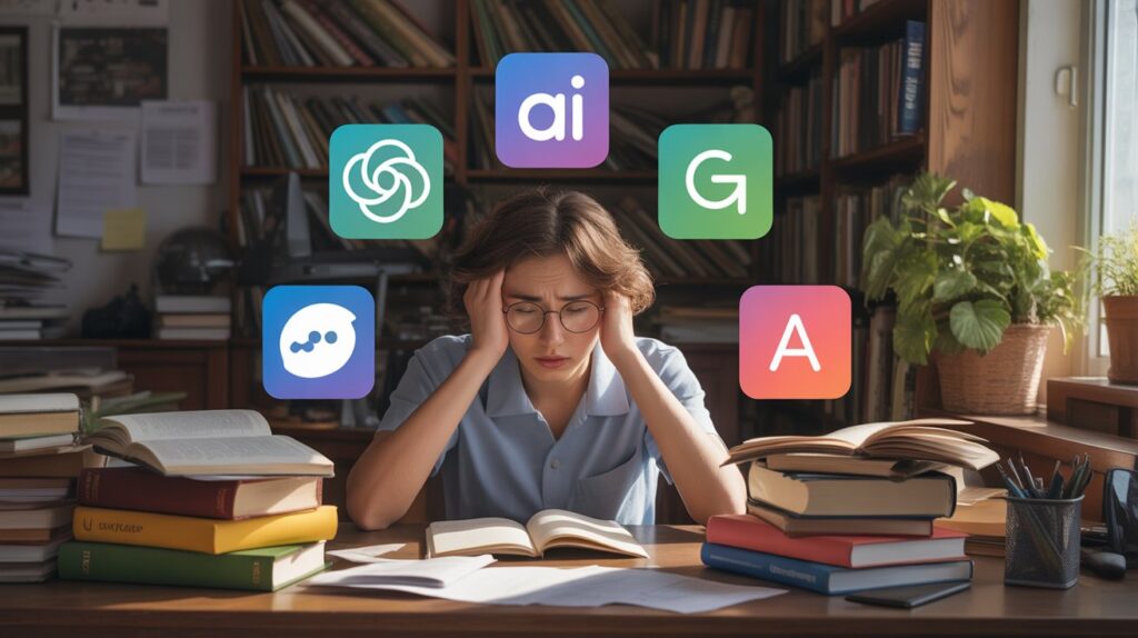 A stressed student at a desk with floating AI tool icons like ChatGPT and Grammarly offering help.