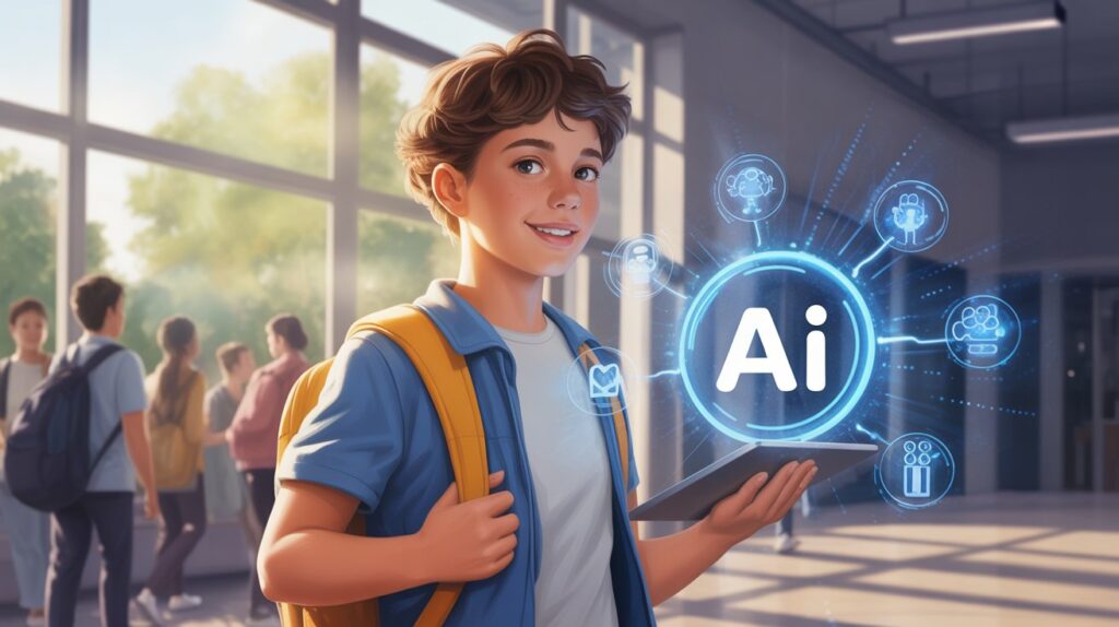 Confident student using AI tools walking out of school with a sense of success.