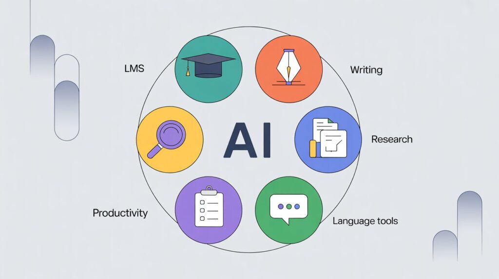 Infographic showing five types of AI tools for students with category icons.